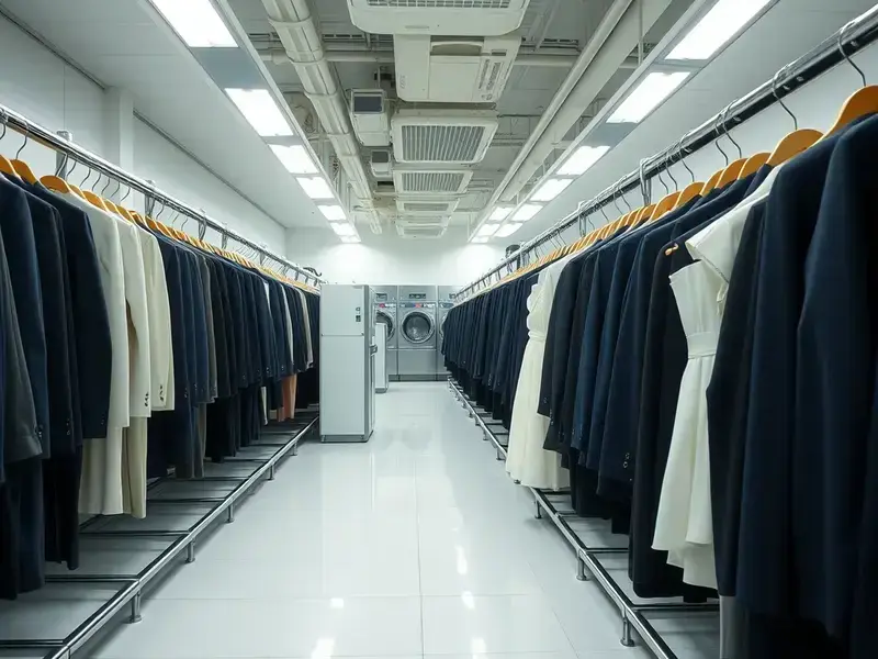 衣類ラックがあるプロフェッショナルなドライクリーニング施設